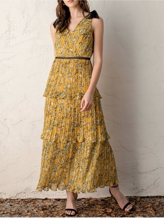 Lulus Dresses & Skirts - Lulu's Mustard Yellow Floral Tiered Maxi Dress